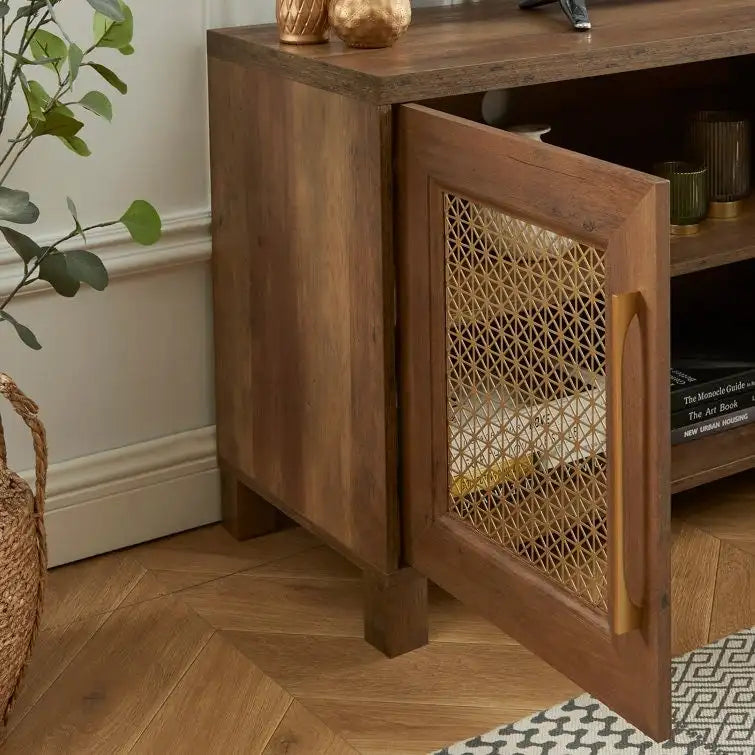 Mobile TV con ante in rattan stile retrò – Nero / Rovere rustico / Bianco, Singolo, Adatto a TV fino a 78"