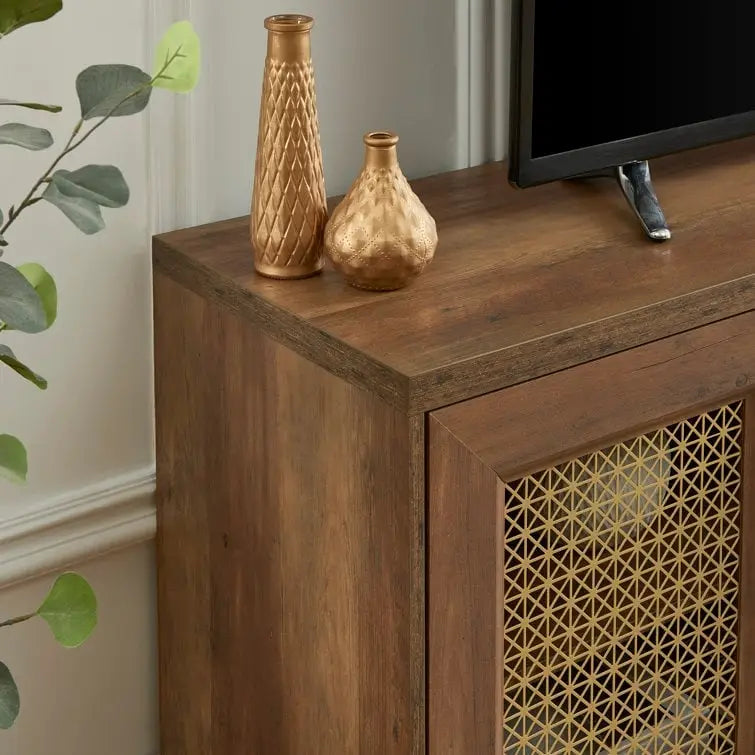 Mobile TV con ante in rattan stile retrò – Nero / Rovere rustico / Bianco, Singolo, Adatto a TV fino a 78"