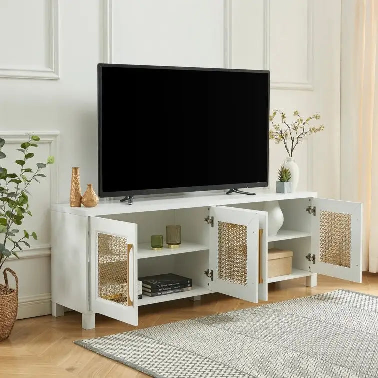 Mobile TV con ante in rattan stile retrò – Nero / Rovere rustico / Bianco, Singolo, Adatto a TV fino a 78"