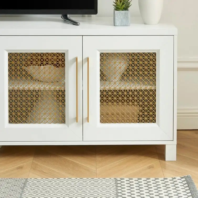 Mobile TV con ante in rattan stile retrò – Nero / Rovere rustico / Bianco, Singolo, Adatto a TV fino a 78"