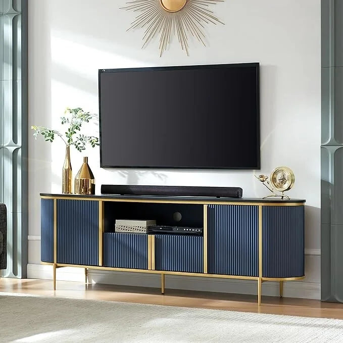 Mobile TV a pannelli scanalati con piano effetto marmo e 4 ante – Blu marino / Rovere naturale / Bianco, singolo