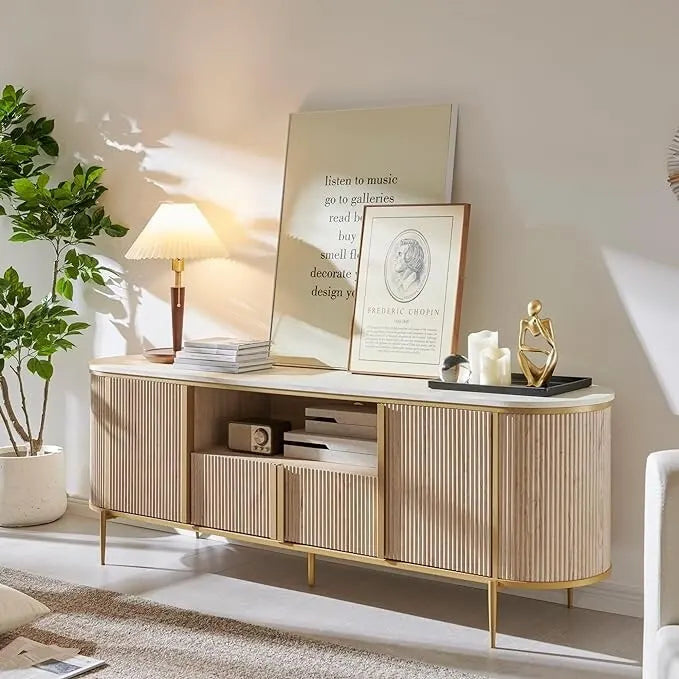 Mobile TV a pannelli scanalati con piano effetto marmo e 4 ante – Blu marino / Rovere naturale / Bianco, singolo