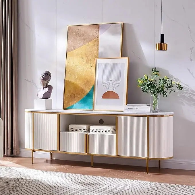 Mobile TV a pannelli scanalati con piano effetto marmo e 4 ante – Blu marino / Rovere naturale / Bianco, singolo