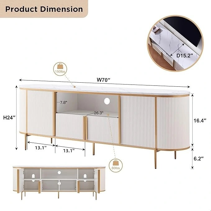 Mobile TV a pannelli scanalati con piano effetto marmo e 4 ante – Blu marino / Rovere naturale / Bianco, singolo