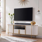 Mobile TV a pannelli scanalati con piano effetto marmo e 4 ante – Blu marino / Rovere naturale / Bianco, singolo