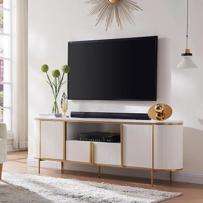 Mobile TV a pannelli scanalati con piano effetto marmo e 4 ante – Blu marino / Rovere naturale / Bianco, singolo