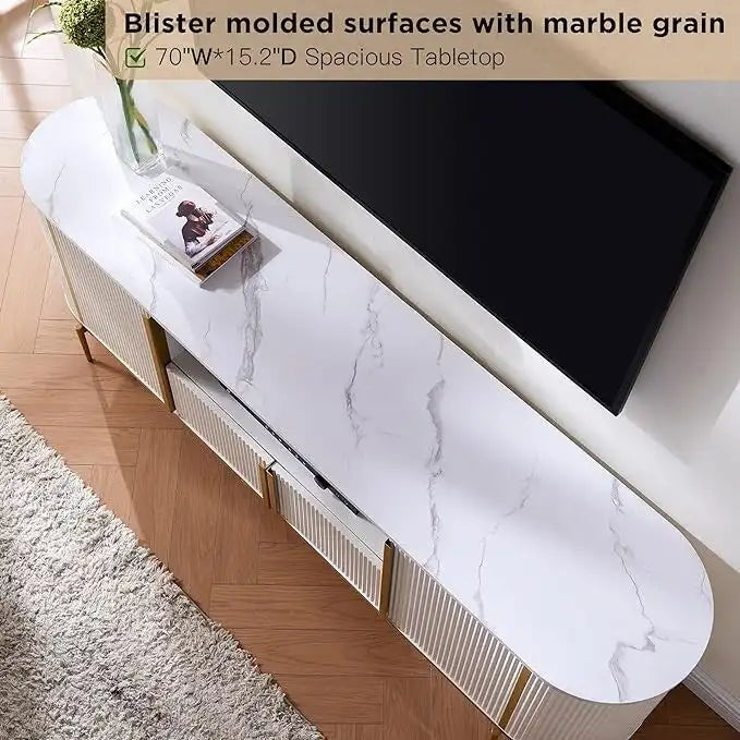 Mobile TV a pannelli scanalati con piano effetto marmo e 4 ante – Blu marino / Rovere naturale / Bianco, singolo