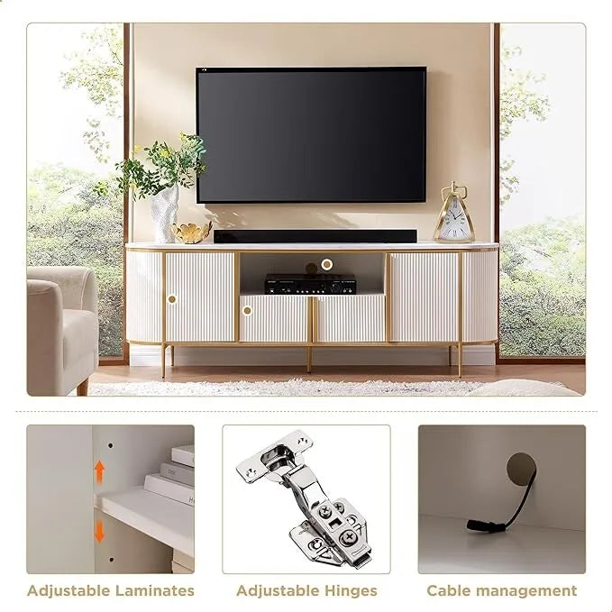 Mobile TV a pannelli scanalati con piano effetto marmo e 4 ante – Blu marino / Rovere naturale / Bianco, singolo