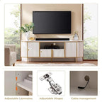 Mobile TV a pannelli scanalati con piano effetto marmo e 4 ante – Blu marino / Rovere naturale / Bianco, singolo