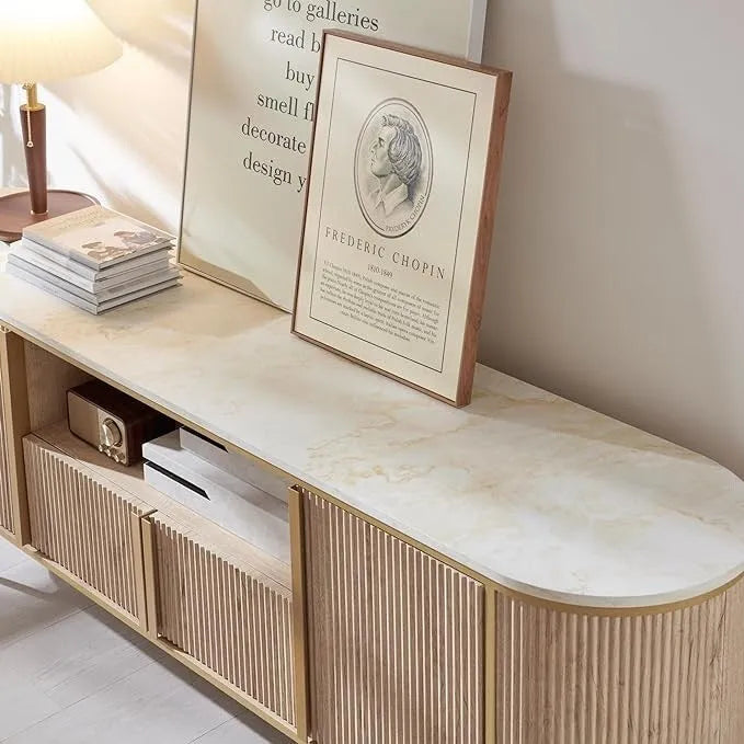 Mobile TV a pannelli scanalati con piano effetto marmo e 4 ante – Blu marino / Rovere naturale / Bianco, singolo