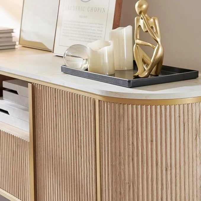 Mobile TV a pannelli scanalati con piano effetto marmo e 4 ante – Blu marino / Rovere naturale / Bianco, singolo