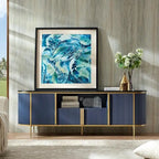Mobile TV a pannelli scanalati con piano effetto marmo e 4 ante – Blu marino / Rovere naturale / Bianco, singolo