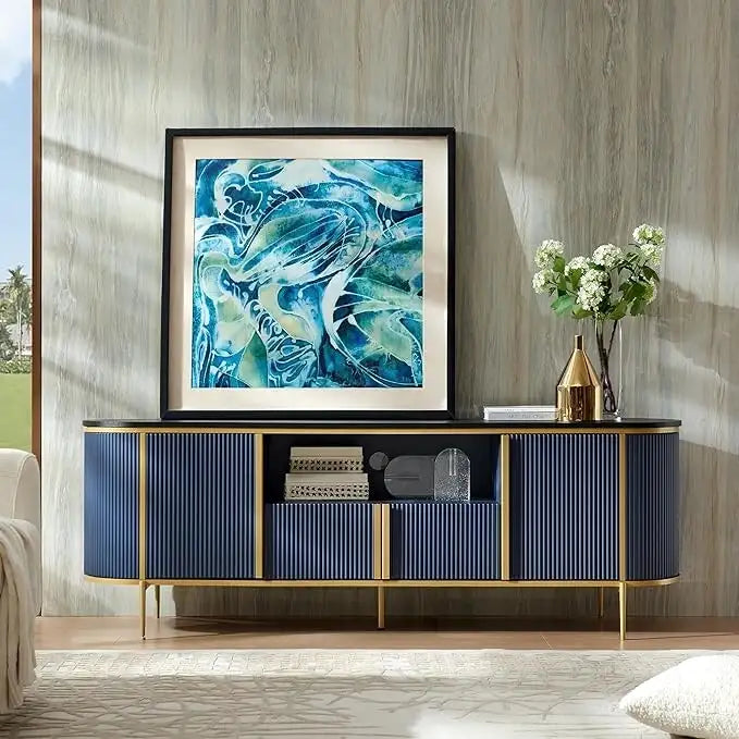 Mobile TV a pannelli scanalati con piano effetto marmo e 4 ante – Blu marino / Rovere naturale / Bianco, singolo