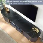 Mobile TV a pannelli scanalati con piano effetto marmo e 4 ante – Blu marino / Rovere naturale / Bianco, singolo
