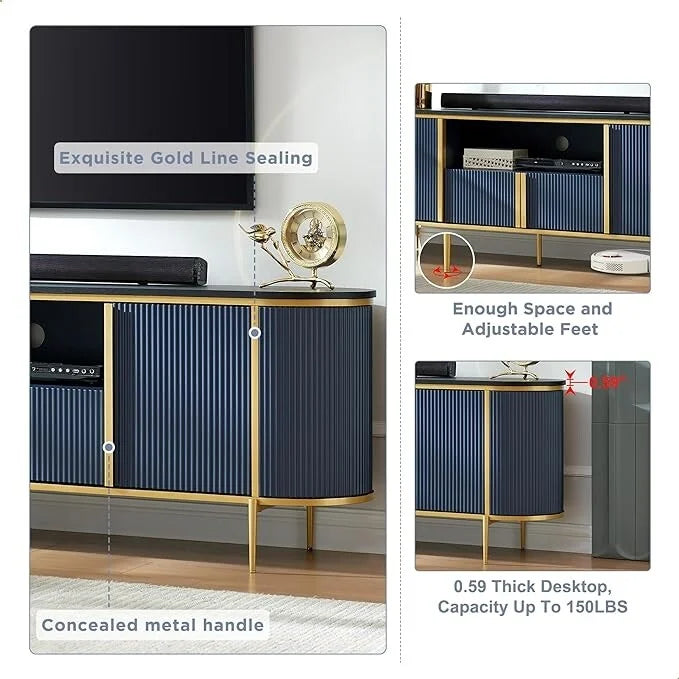 Mobile TV a pannelli scanalati con piano effetto marmo e 4 ante – Blu marino / Rovere naturale / Bianco, singolo