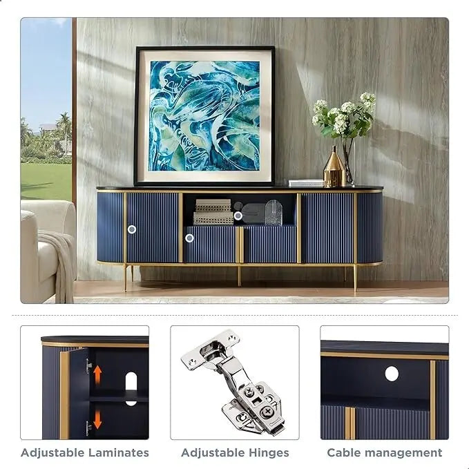Mobile TV a pannelli scanalati con piano effetto marmo e 4 ante – Blu marino / Rovere naturale / Bianco, singolo