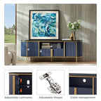 Mobile TV a pannelli scanalati con piano effetto marmo e 4 ante – Blu marino / Rovere naturale / Bianco, singolo