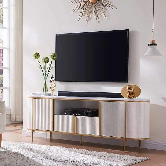 Mobile TV a pannelli scanalati con piano effetto marmo e 4 ante – Blu marino / Rovere naturale / Bianco, singolo