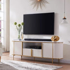 Mobile TV a pannelli scanalati con piano effetto marmo e 4 ante – Blu marino / Rovere naturale / Bianco, singolo