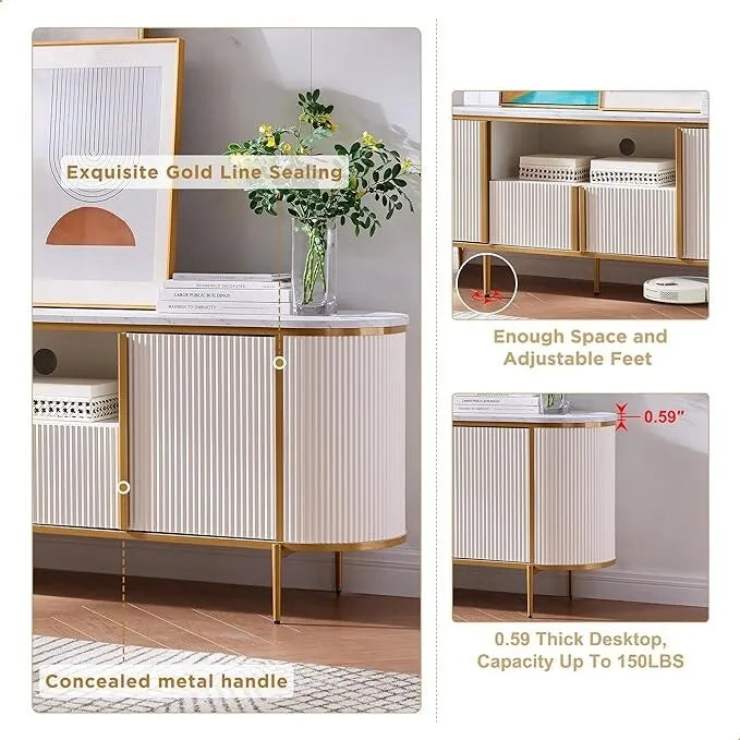 Mobile TV a pannelli scanalati con piano effetto marmo e 4 ante – Blu marino / Rovere naturale / Bianco, singolo