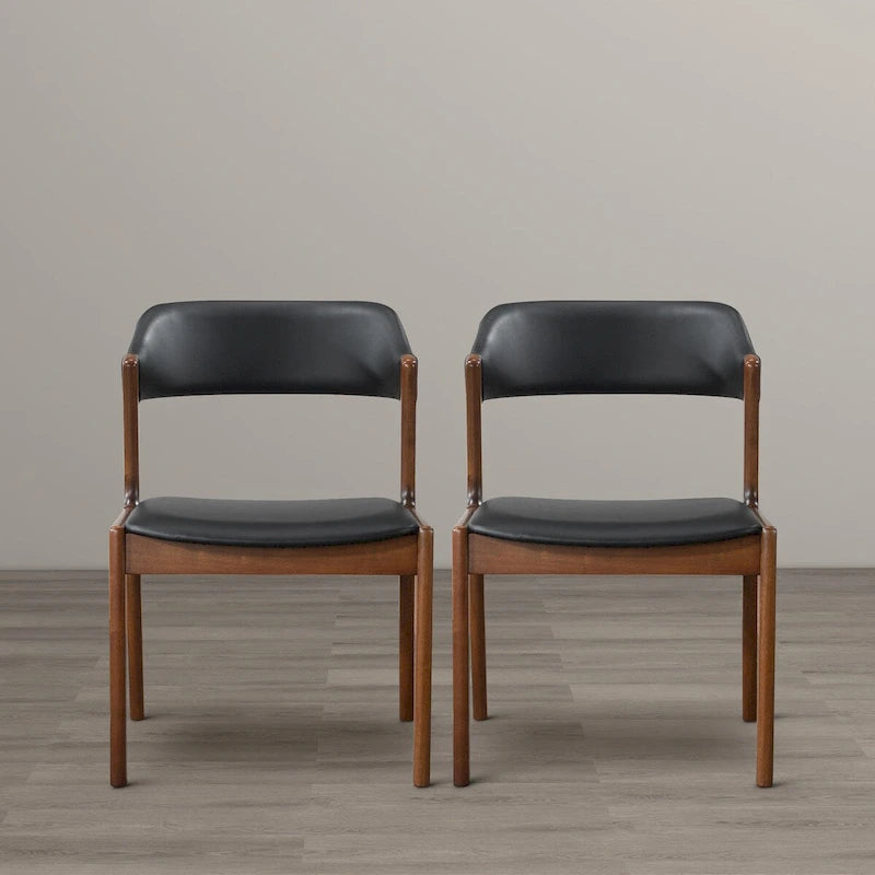 Sedie da pranzo in pelle vegana Mid-Century Modern con base in noce – Nero / Marrone medio