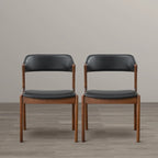 Sedie da pranzo in pelle vegana Mid-Century Modern con base in noce – Nero / Marrone medio