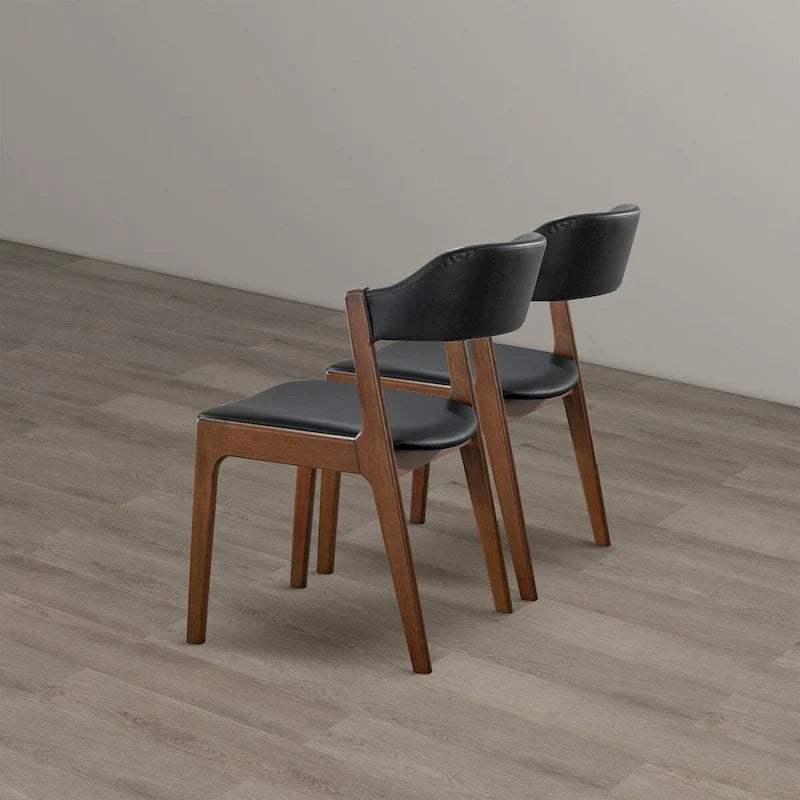 Sedie da pranzo in pelle vegana Mid-Century Modern con base in noce – Nero / Marrone medio