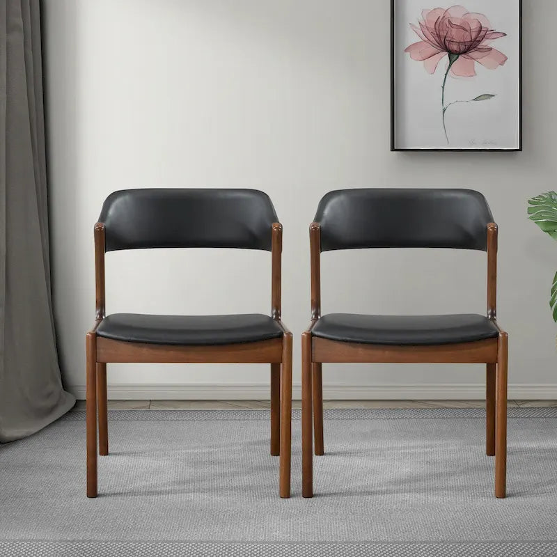 Sedie da pranzo in pelle vegana Mid-Century Modern con base in noce – Nero / Marrone medio