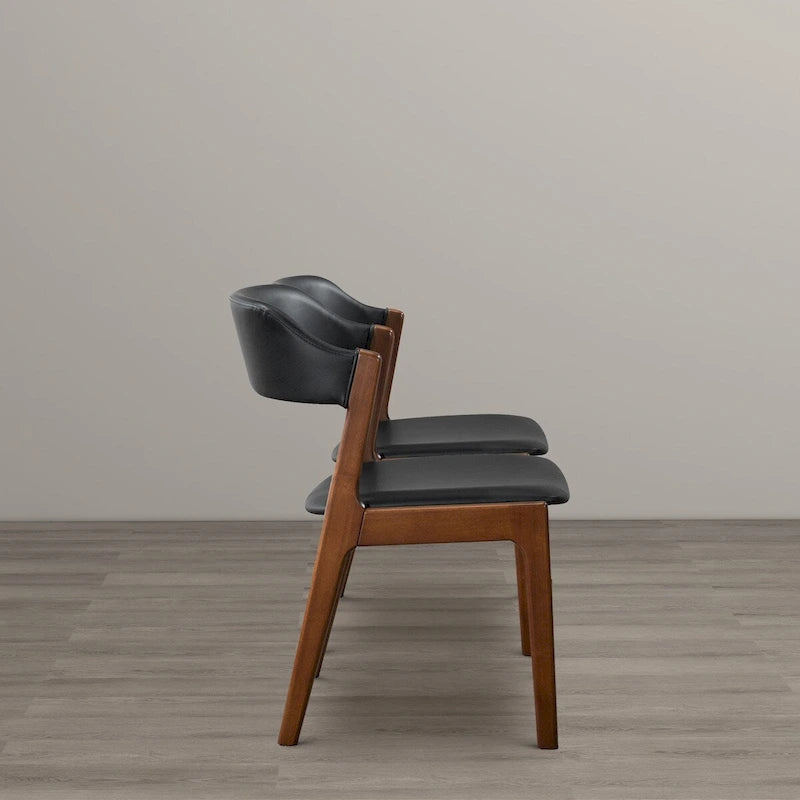 Sedie da pranzo in pelle vegana Mid-Century Modern con base in noce – Nero / Marrone medio