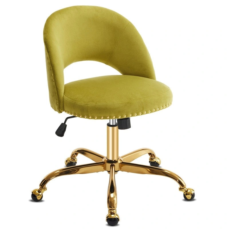 Sedia da Ufficio Girevole in Velluto con Schienale Aperto, Braccioli Inclinati e Base Dorata a 5 Ruote – Verde / Viola Chiaro / Rosa / Verde Menta / Nero / Blu / Grigio / Bianco / Bianco Teddy, Singola