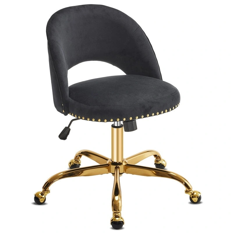 Sedia da Ufficio Girevole in Velluto con Schienale Aperto, Braccioli Inclinati e Base Dorata a 5 Ruote – Verde / Viola Chiaro / Rosa / Verde Menta / Nero / Blu / Grigio / Bianco / Bianco Teddy, Singola