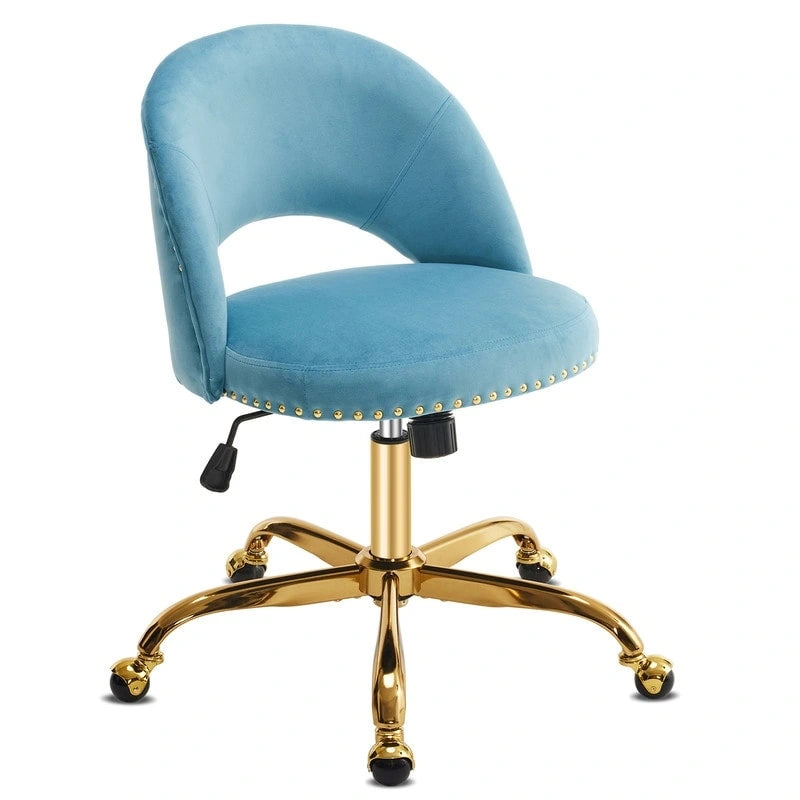 Sedia da Ufficio Girevole in Velluto con Schienale Aperto, Braccioli Inclinati e Base Dorata a 5 Ruote – Verde / Viola Chiaro / Rosa / Verde Menta / Nero / Blu / Grigio / Bianco / Bianco Teddy, Singola