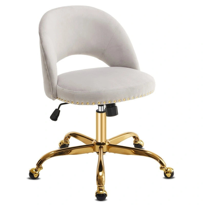Sedia da Ufficio Girevole in Velluto con Schienale Aperto, Braccioli Inclinati e Base Dorata a 5 Ruote – Verde / Viola Chiaro / Rosa / Verde Menta / Nero / Blu / Grigio / Bianco / Bianco Teddy, Singola