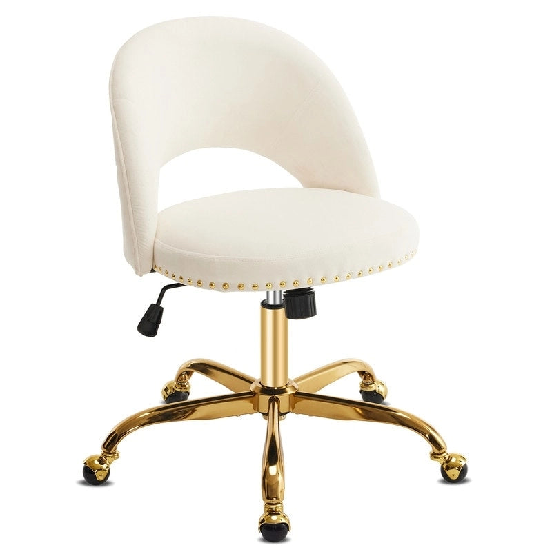 Sedia da Ufficio Girevole in Velluto con Schienale Aperto, Braccioli Inclinati e Base Dorata a 5 Ruote – Verde / Viola Chiaro / Rosa / Verde Menta / Nero / Blu / Grigio / Bianco / Bianco Teddy, Singola