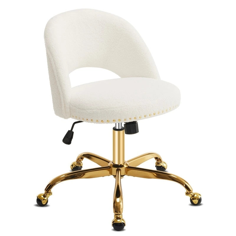 Sedia da Ufficio Girevole in Velluto con Schienale Aperto, Braccioli Inclinati e Base Dorata a 5 Ruote – Verde / Viola Chiaro / Rosa / Verde Menta / Nero / Blu / Grigio / Bianco / Bianco Teddy, Singola
