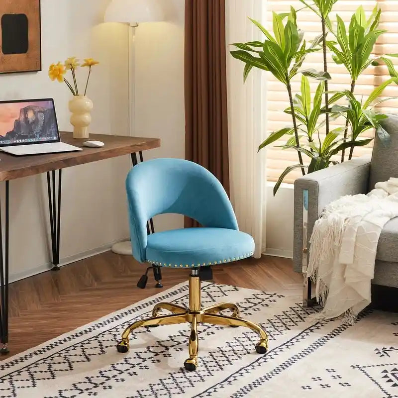 Sedia da Ufficio Girevole in Velluto con Schienale Aperto, Braccioli Inclinati e Base Dorata a 5 Ruote – Verde / Viola Chiaro / Rosa / Verde Menta / Nero / Blu / Grigio / Bianco / Bianco Teddy, Singola