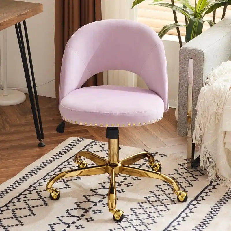 Sedia da Ufficio Girevole in Velluto con Schienale Aperto, Braccioli Inclinati e Base Dorata a 5 Ruote – Verde / Viola Chiaro / Rosa / Verde Menta / Nero / Blu / Grigio / Bianco / Bianco Teddy, Singola
