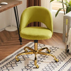 Sedia da Ufficio Girevole in Velluto con Schienale Aperto, Braccioli Inclinati e Base Dorata a 5 Ruote – Verde / Viola Chiaro / Rosa / Verde Menta / Nero / Blu / Grigio / Bianco / Bianco Teddy, Singola