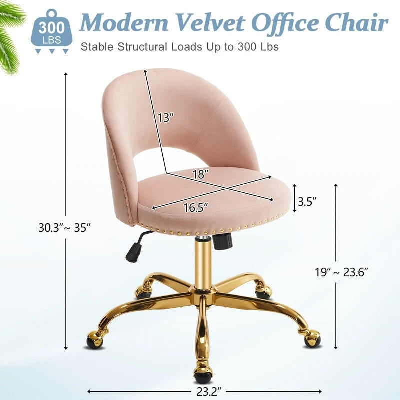 Sedia da Ufficio Girevole in Velluto con Schienale Aperto, Braccioli Inclinati e Base Dorata a 5 Ruote – Verde / Viola Chiaro / Rosa / Verde Menta / Nero / Blu / Grigio / Bianco / Bianco Teddy, Singola