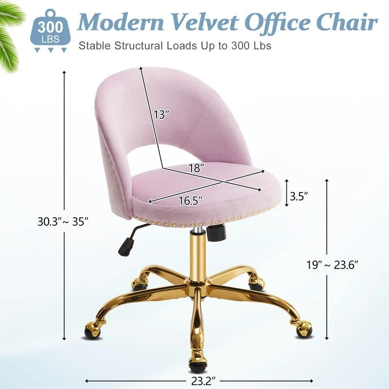 Sedia da Ufficio Girevole in Velluto con Schienale Aperto, Braccioli Inclinati e Base Dorata a 5 Ruote – Verde / Viola Chiaro / Rosa / Verde Menta / Nero / Blu / Grigio / Bianco / Bianco Teddy, Singola