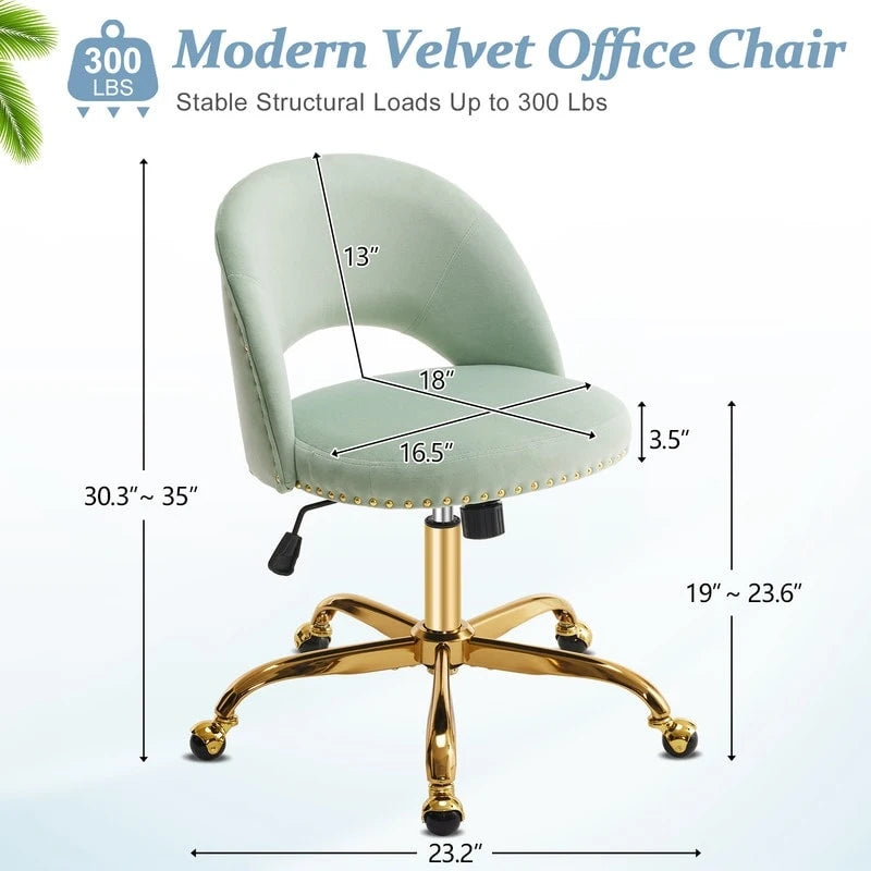 Sedia da Ufficio Girevole in Velluto con Schienale Aperto, Braccioli Inclinati e Base Dorata a 5 Ruote – Verde / Viola Chiaro / Rosa / Verde Menta / Nero / Blu / Grigio / Bianco / Bianco Teddy, Singola