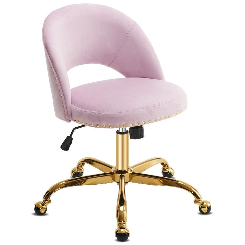 Sedia da Ufficio Girevole in Velluto con Schienale Aperto, Braccioli Inclinati e Base Dorata a 5 Ruote – Verde / Viola Chiaro / Rosa / Verde Menta / Nero / Blu / Grigio / Bianco / Bianco Teddy, Singola