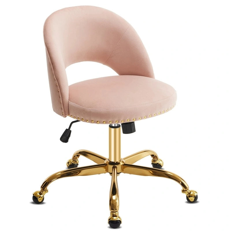 Sedia da Ufficio Girevole in Velluto con Schienale Aperto, Braccioli Inclinati e Base Dorata a 5 Ruote – Verde / Viola Chiaro / Rosa / Verde Menta / Nero / Blu / Grigio / Bianco / Bianco Teddy, Singola