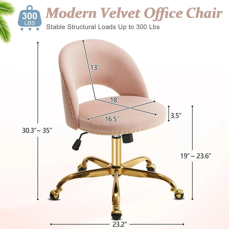 Sedia da Ufficio Girevole in Velluto con Schienale Aperto, Braccioli Inclinati e Base Dorata a 5 Ruote – Verde / Viola Chiaro / Rosa / Verde Menta / Nero / Blu / Grigio / Bianco / Bianco Teddy, Singola