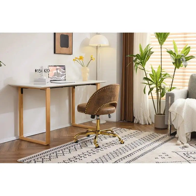 Sedia da Ufficio Girevole in Velluto con Schienale Aperto, Braccioli Inclinati e Base Dorata a 5 Ruote – Verde / Viola Chiaro / Rosa / Verde Menta / Nero / Blu / Grigio / Bianco / Bianco Teddy, Singola