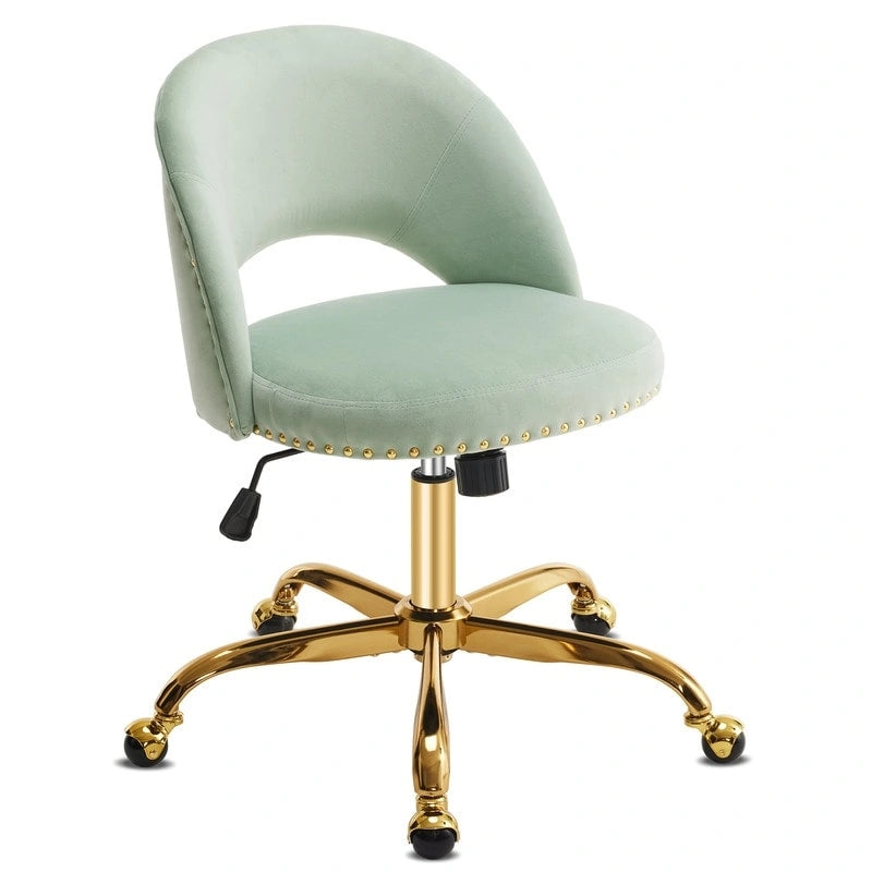 Sedia da Ufficio Girevole in Velluto con Schienale Aperto, Braccioli Inclinati e Base Dorata a 5 Ruote – Verde / Viola Chiaro / Rosa / Verde Menta / Nero / Blu / Grigio / Bianco / Bianco Teddy, Singola