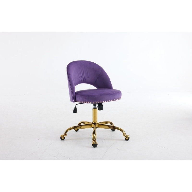 Sedia da Ufficio Girevole in Velluto con Schienale Aperto, Braccioli Inclinati e Base Dorata a 5 Ruote – Verde / Viola Chiaro / Rosa / Verde Menta / Nero / Blu / Grigio / Bianco / Bianco Teddy, Singola