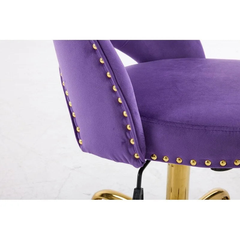 Sedia da Ufficio Girevole in Velluto con Schienale Aperto, Braccioli Inclinati e Base Dorata a 5 Ruote – Verde / Viola Chiaro / Rosa / Verde Menta / Nero / Blu / Grigio / Bianco / Bianco Teddy, Singola