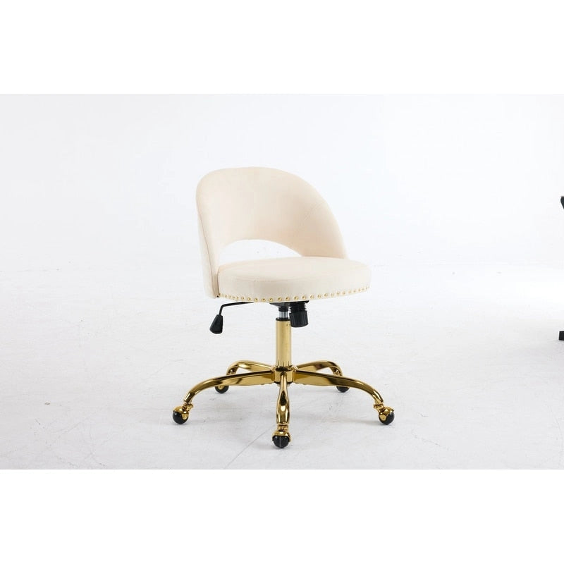 Sedia da Ufficio Girevole in Velluto con Schienale Aperto, Braccioli Inclinati e Base Dorata a 5 Ruote – Verde / Viola Chiaro / Rosa / Verde Menta / Nero / Blu / Grigio / Bianco / Bianco Teddy, Singola