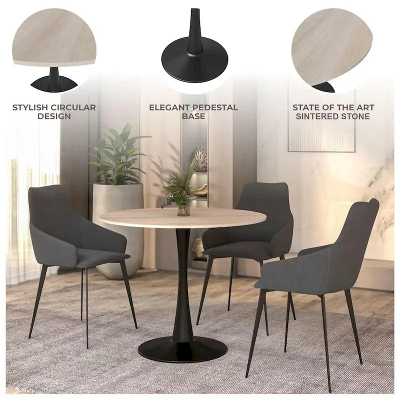Tavolo da Pranzo Rotondo in Pietra Sinterizzata con Base a Piedistallo Singolo in Acciaio – Nero / Bianco, Posti 4
